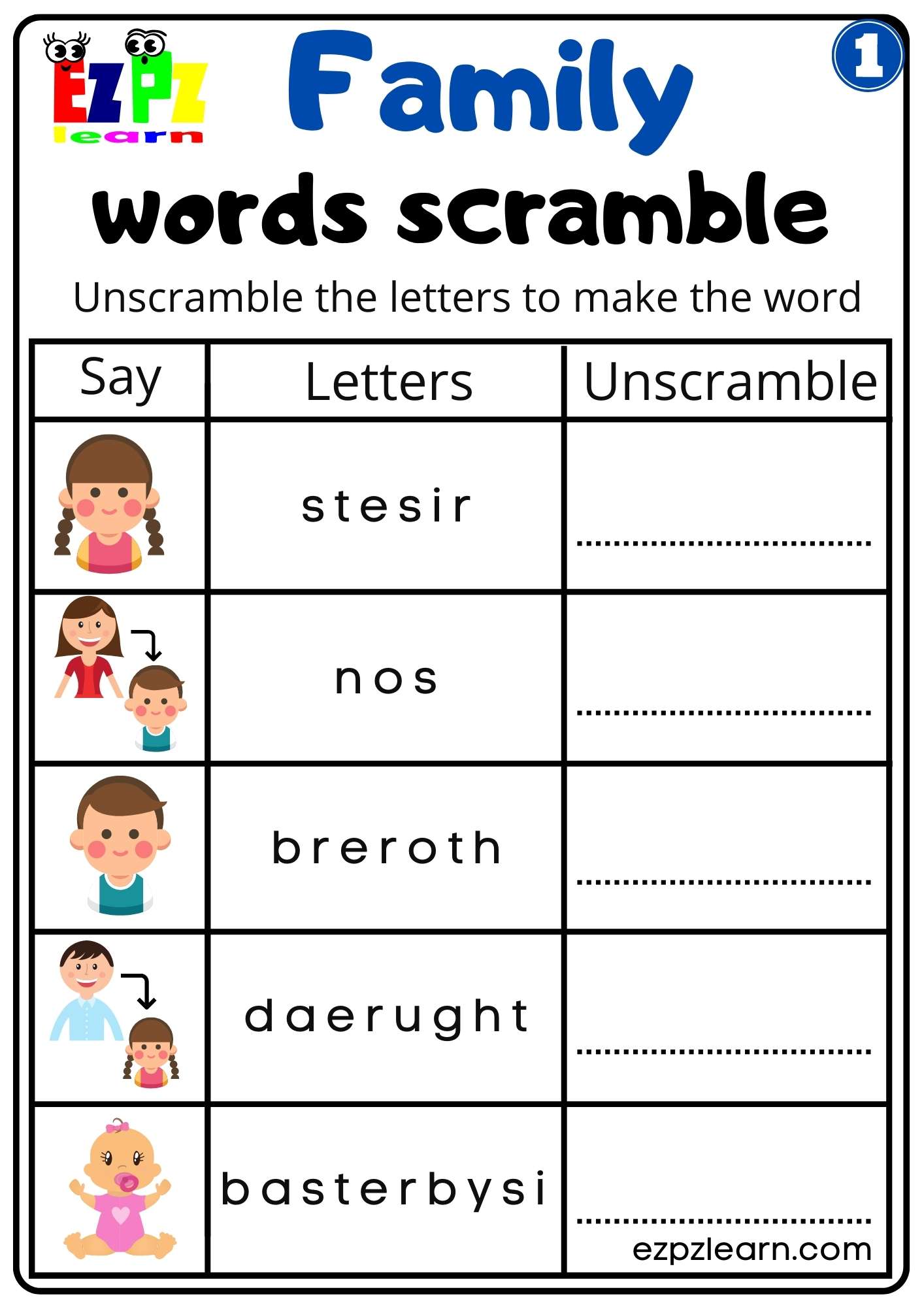 Family Vocabulary Word Scramble Activity For K5 Students Parents and